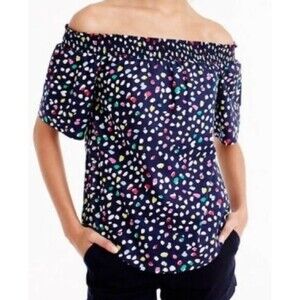 J. Crew Ratti Happy Cat Top Sz 4 Small Elastic Smocked Neck Short Sleeve Cotton